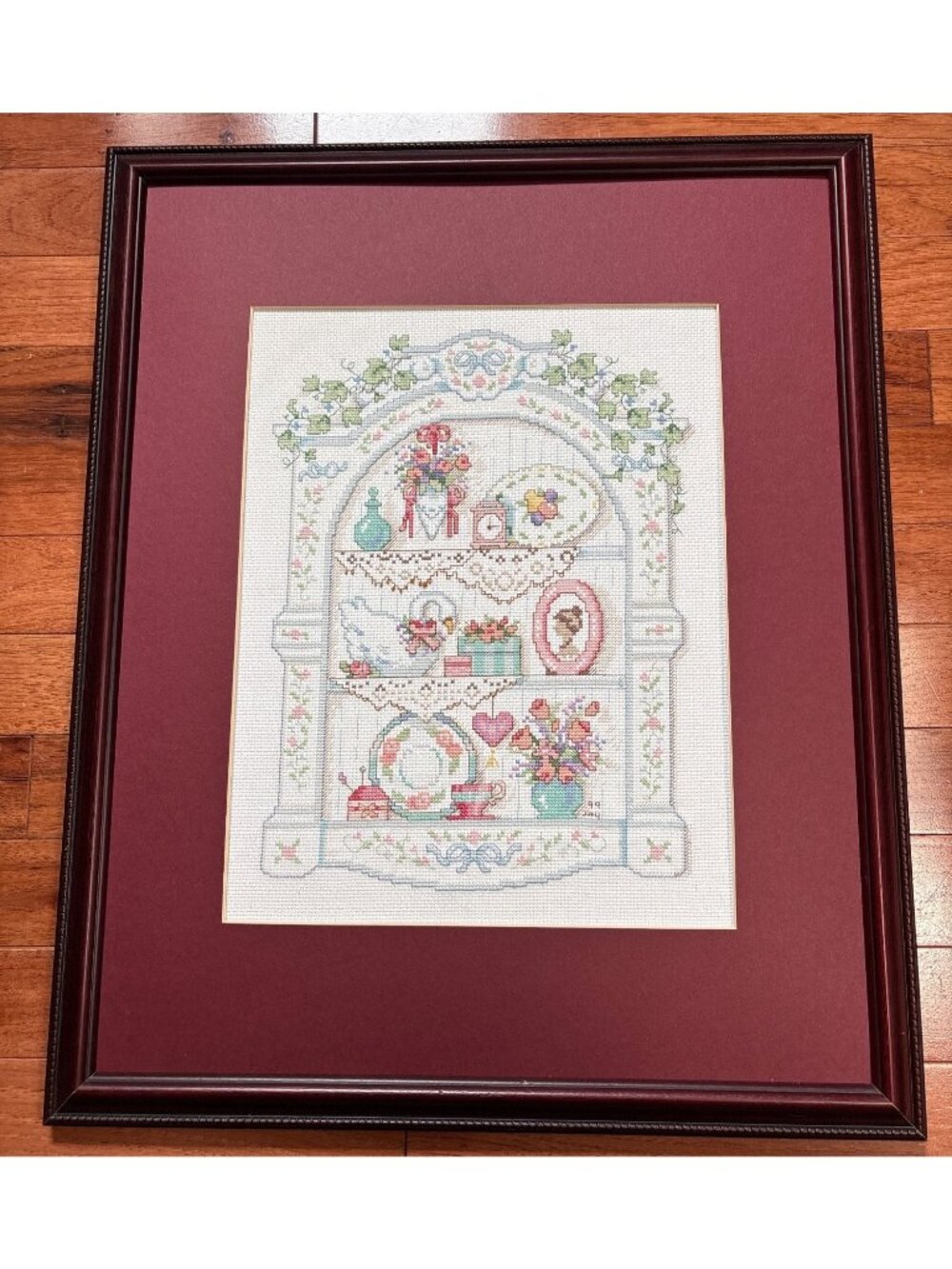 Framed Floral Cross-Stitch Art Shelf Burgundy Mat Wood Frame 18"x22" Wall Decor